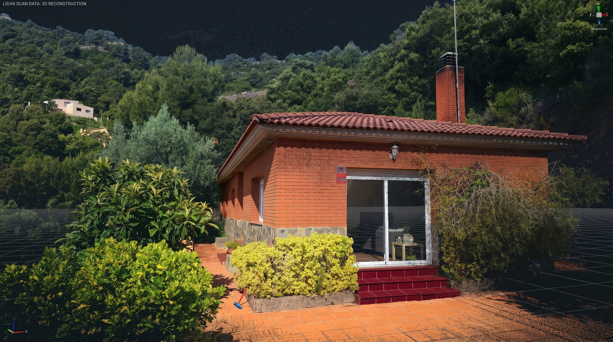 Bottom layer: colorised LiDAR point cloud of the same house — 3D laser capture