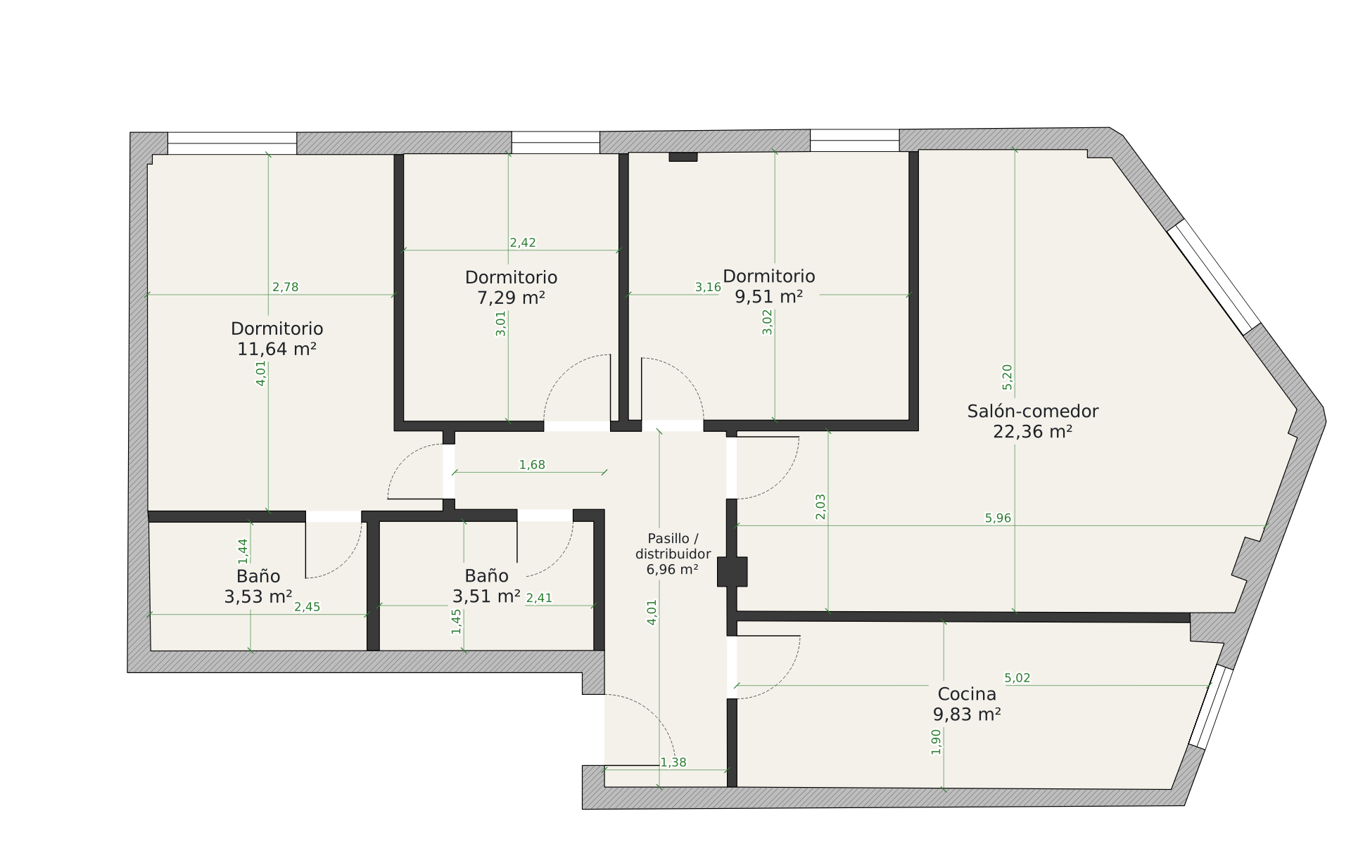 Plano de planta acotado de la misma vivienda, con superficies útiles y dimensiones por estancia