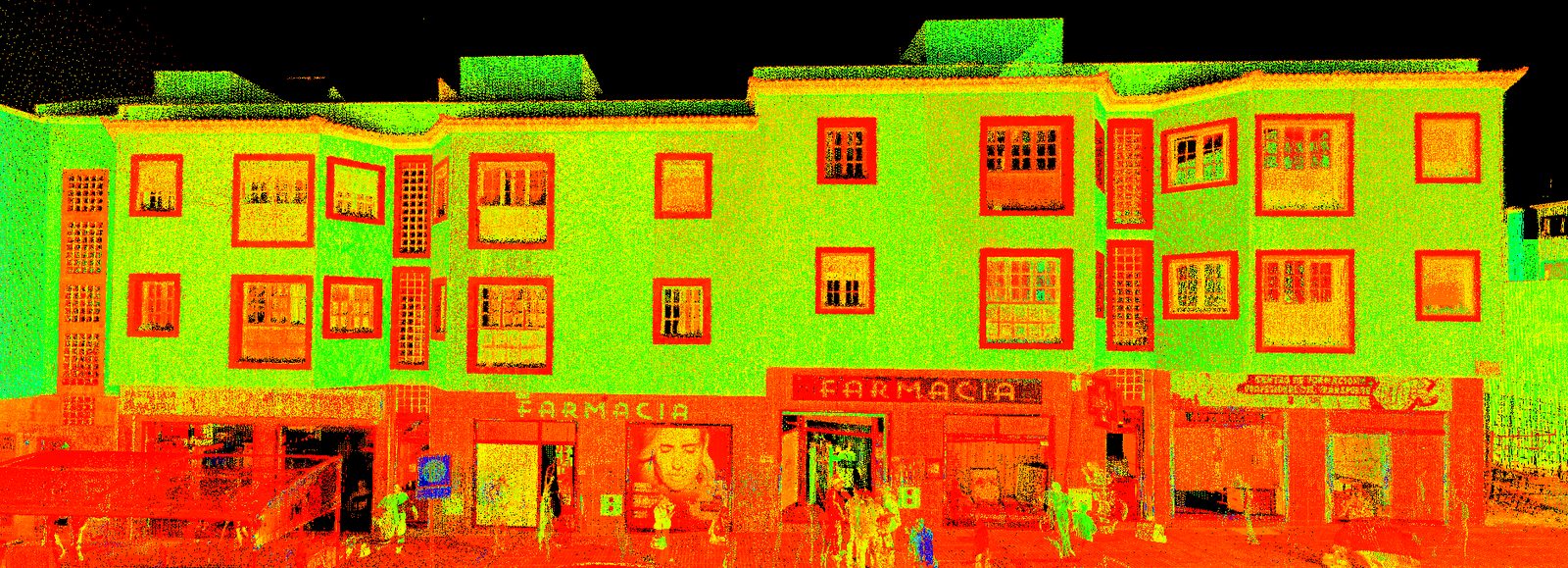 Elevation and intensity map of the same facade, green-yellow-red palette