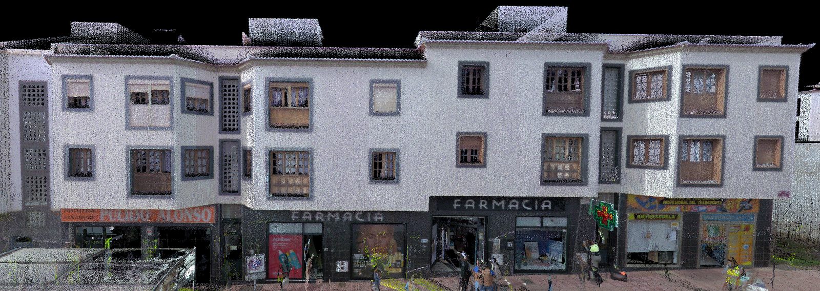 Colorised point cloud of a Canarian commercial facade with "FARMACIA" sign
