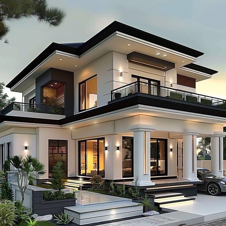 Photo of a modern hillside residential house, illuminated front facade