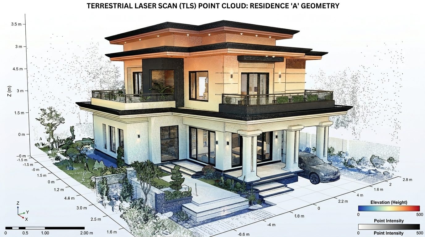 The same house rendered as terrestrial laser scan point cloud with technical axes and intensity legend