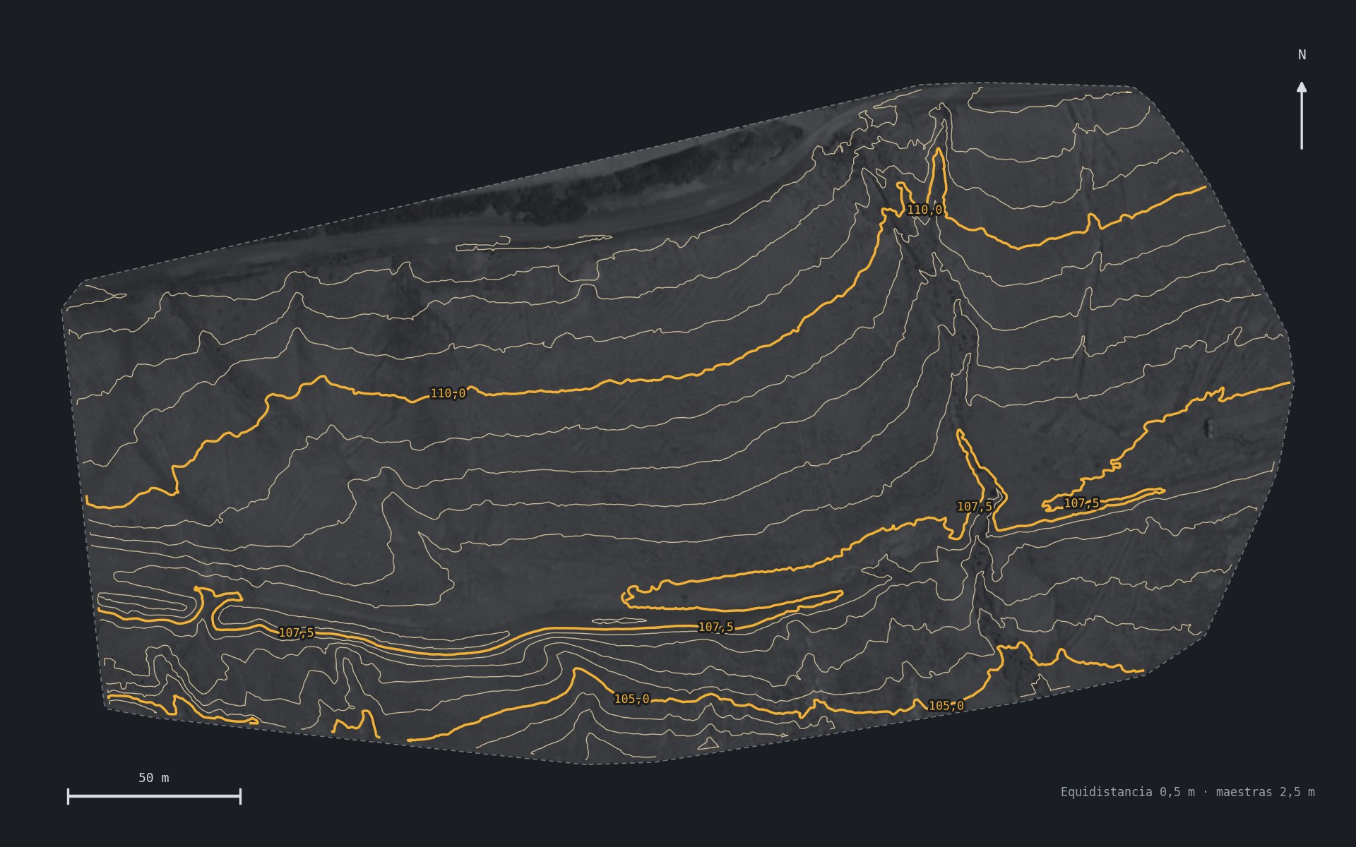 Modelo digital del terreno con curvas de nivel cada 0,5 m